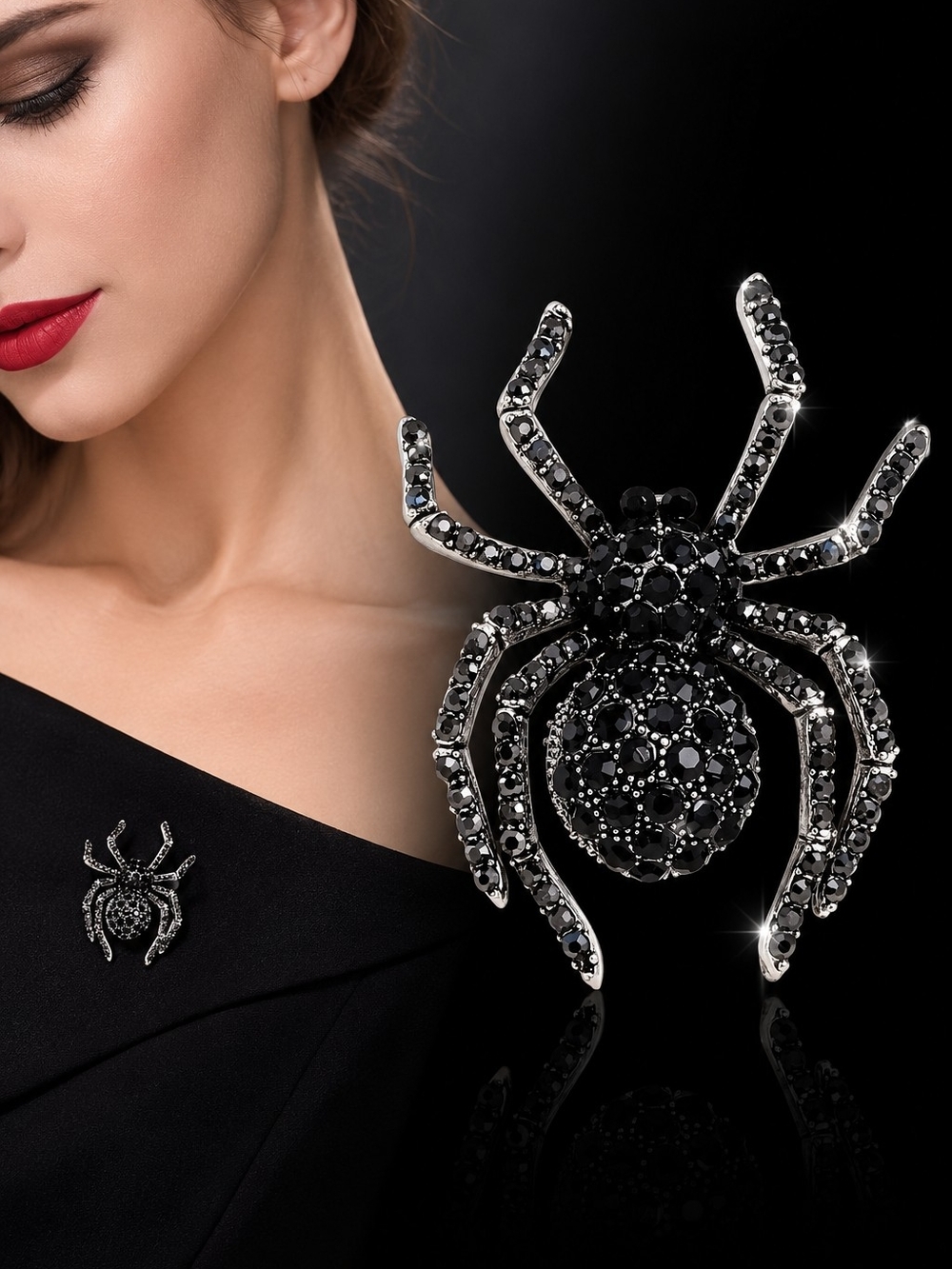 Black Crystal Spider Brooch Pin - Elegant Women Jewelry